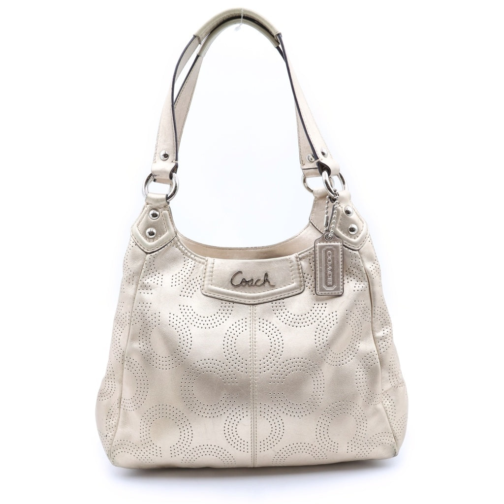 COACH(コーチ) オブアート メタリック パンチングレザー ショルダーバッグ シルバー金具 ベージュ F23602 レディース