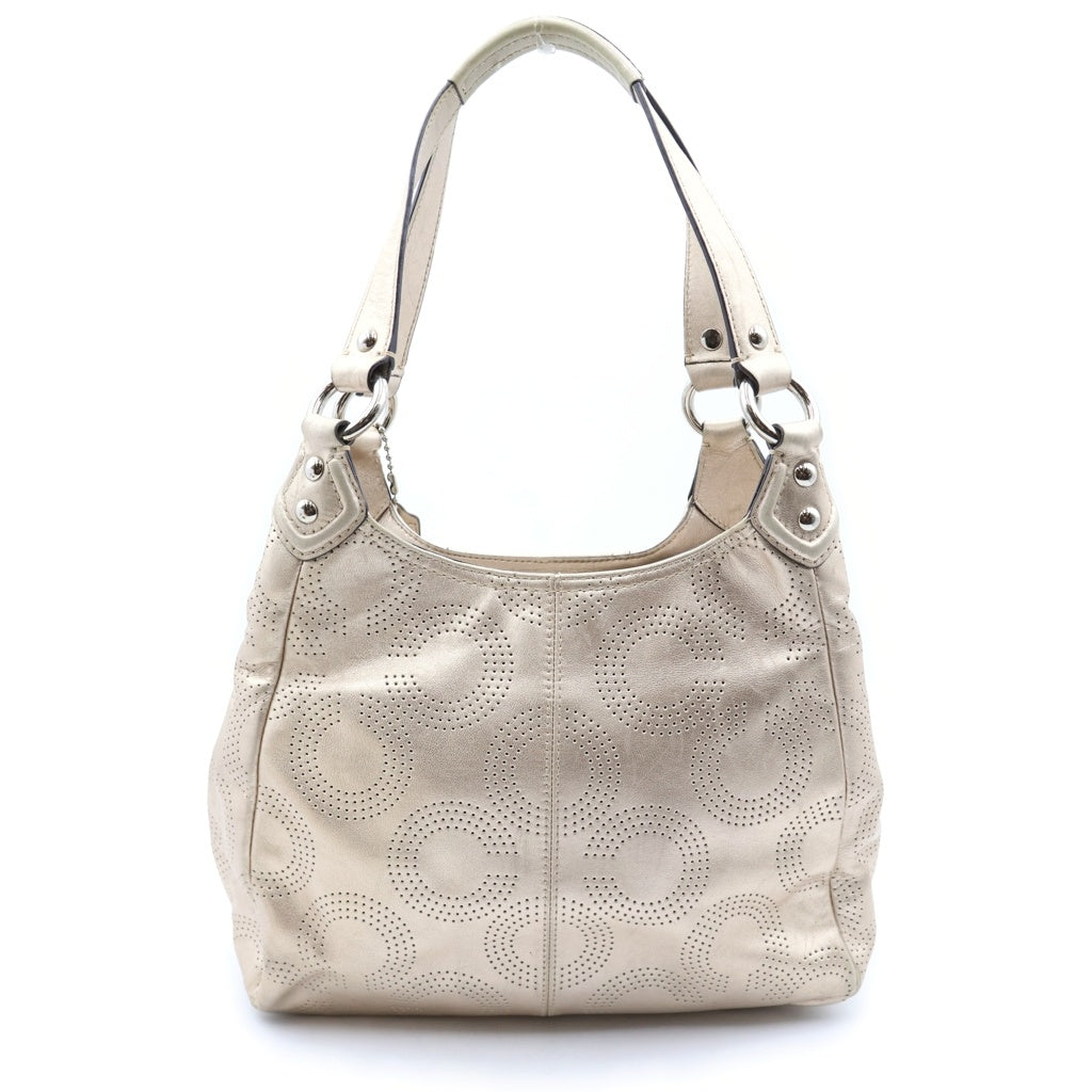 COACH(コーチ) オブアート メタリック パンチングレザー ショルダーバッグ シルバー金具 ベージュ F23602 レディース
