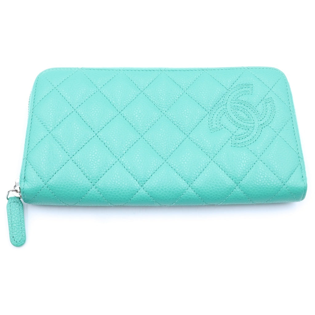 CHANEL(シャネル) ココマーク マトラッセ ラウンドジップ長財布 グリーン キャビアスキン シルバー金具 シール有 20番台 レディース