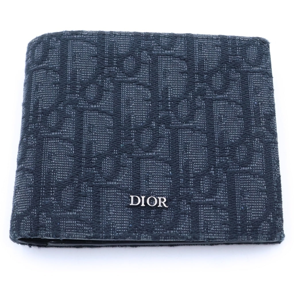 Christian Dior(クリスチャンディオール) オブリーク 二つ折り財布 コンパクトウォレット ブラック キャンバス×レザー 2OBBC027YSE