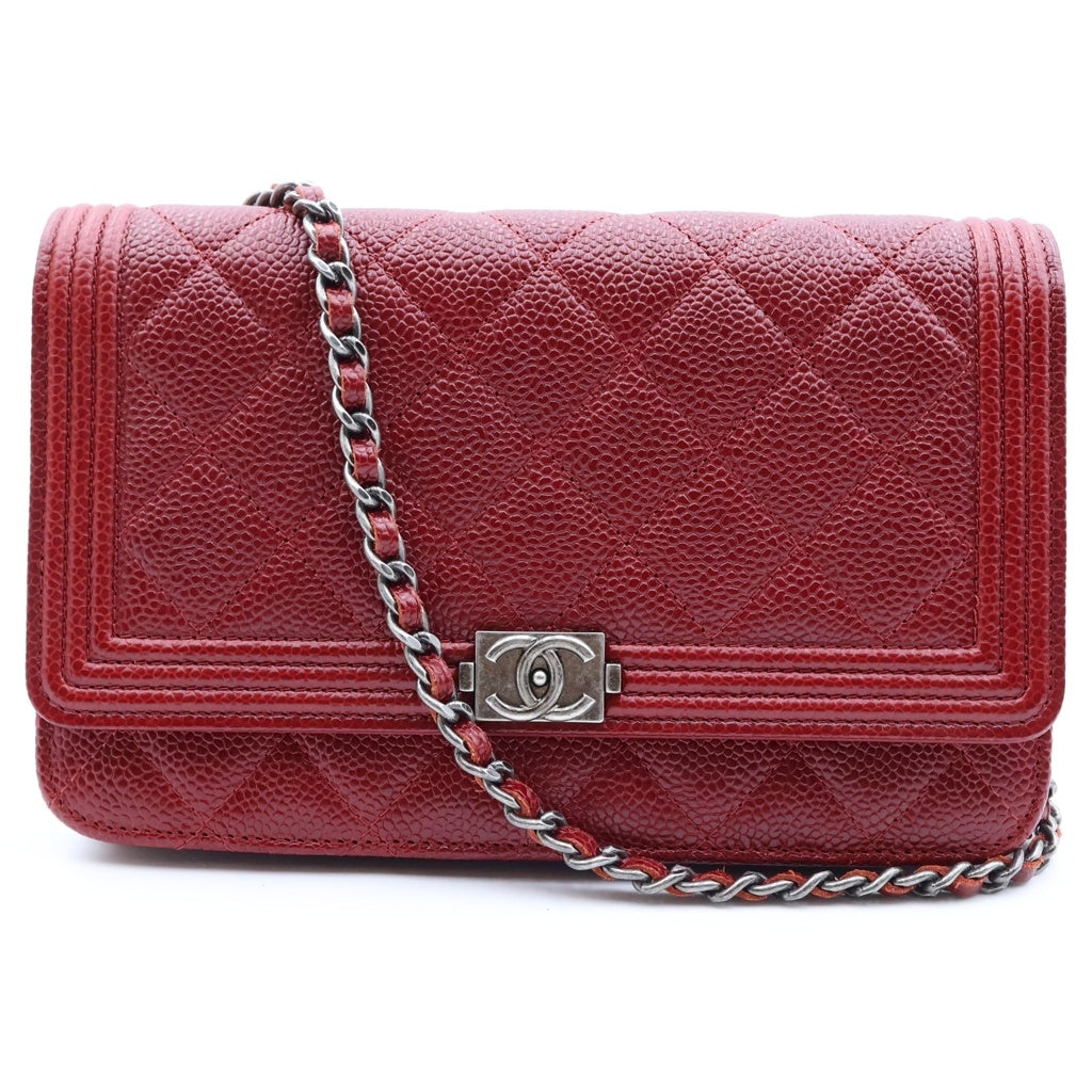 CHANEL(シャネル) ボーイシャネル マトラッセ キャビアスキン レザー チェーンウォレット ショルダーバッグ シルバー金具 レッド 20番台 レディース