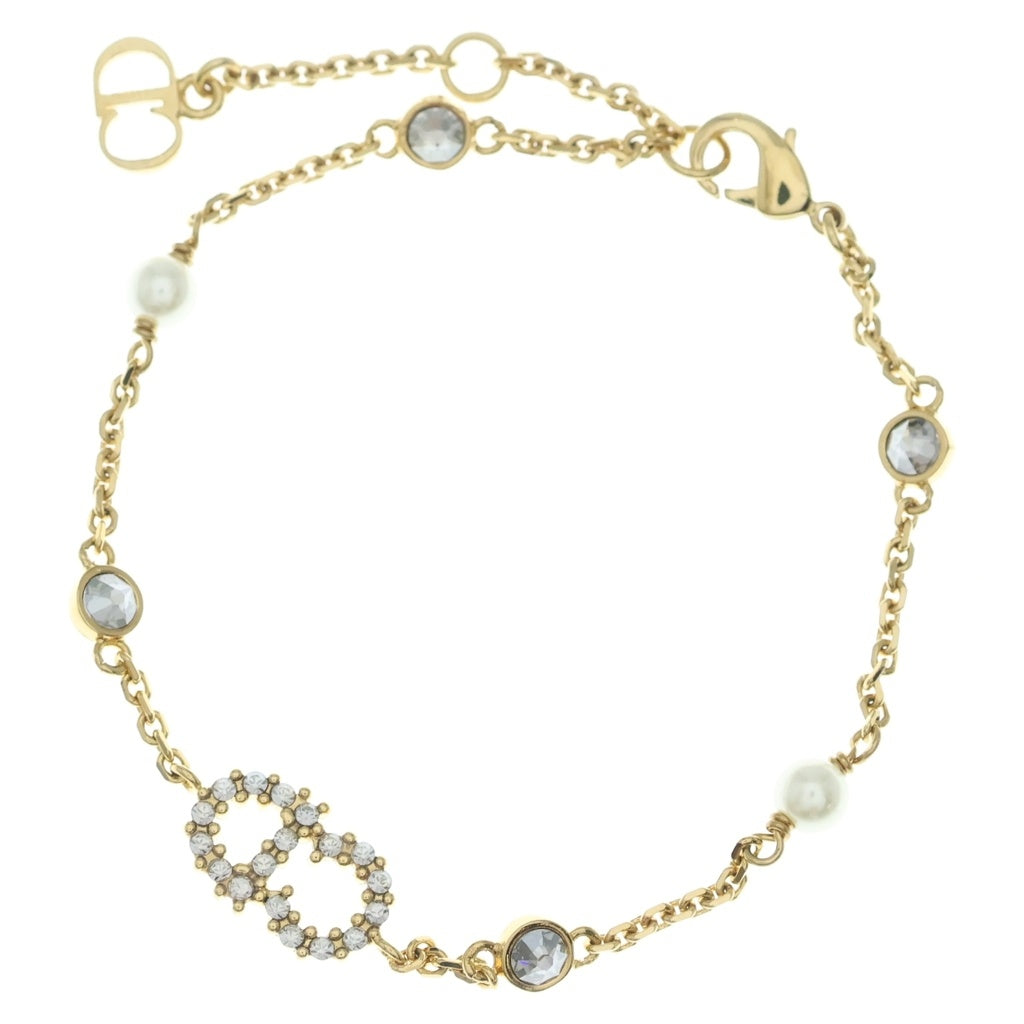 Christian Dior(クリスチャンディオール) CDロゴ ラインストーン パール ブレスレット ゴールド チェーン GP レディース