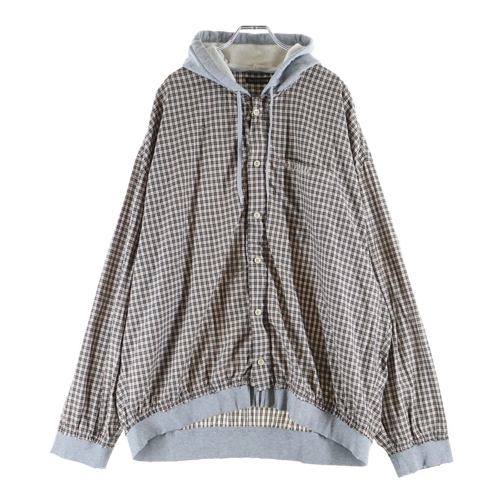 BALENCIAGA(バレンシアガ) チェック柄 レイヤード ジップアップフーディー パーカー グレー×ベージュ #M 831570