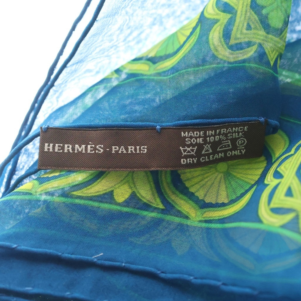 HERMES(エルメス) カレ90 FOLKLORE フォークロア スカーフ シルク ネオンイエロー/ブルー レディース