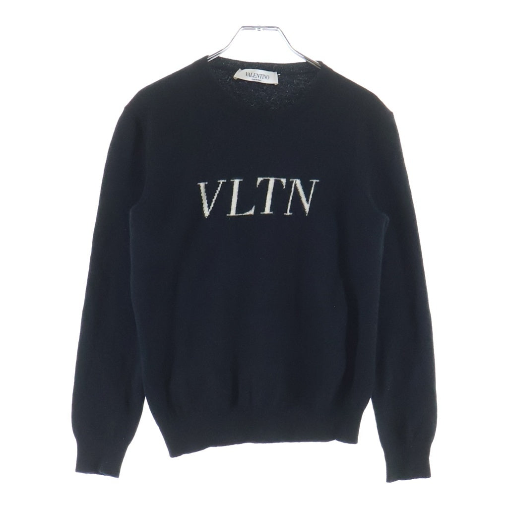 VALENTINO(ヴァレンティノ) Cashmere Wool Logo Knit Sweater フロントロゴ刺繍 クルーネック長袖ニット セーター ブラック SB3KC10546T レディース