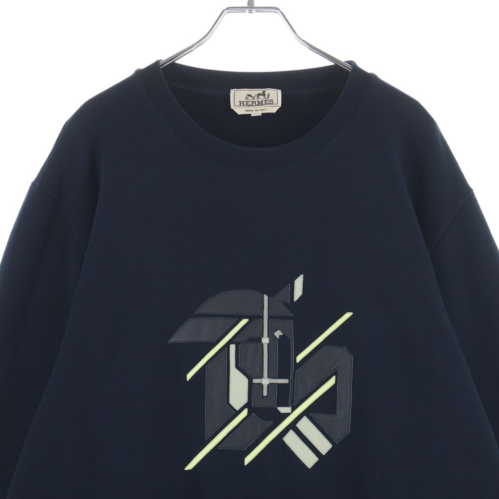 HERMES(エルメス) シュヴォー アン シンメトリー スウェット トレーナー レザーパッチ ネイビー