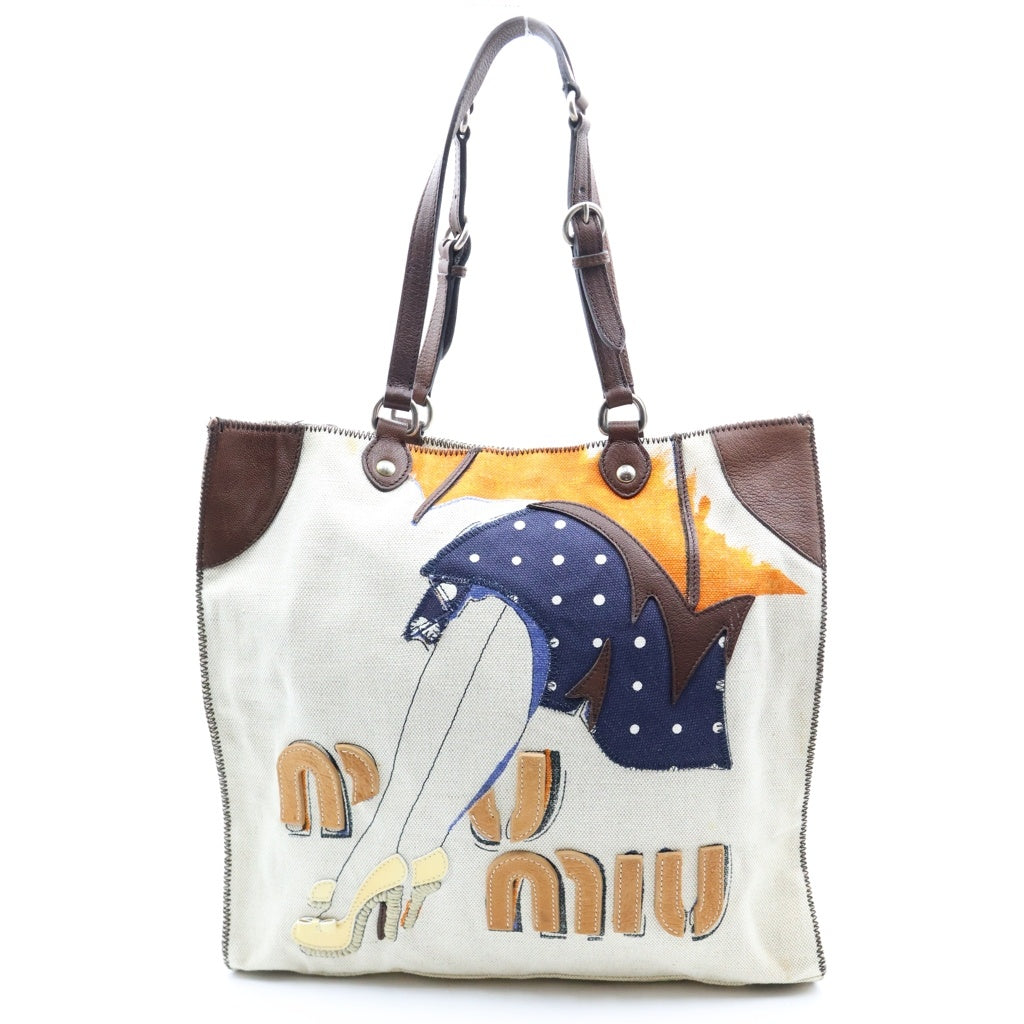 miumiu(ミュウミュウ) ロゴ デザイントートバッグ ハンドバッグ マルチカラー レザー×キャンバス シルバー金具 レディース