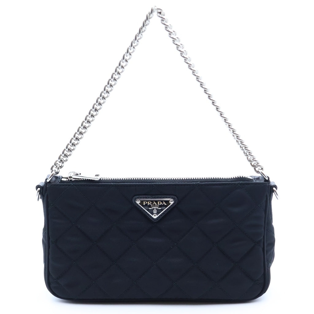 PRADA(プラダ) キルティング チェーンショルダーバッグ ハンドバッグ 2WAY ブラック ナイロン 1BH026 シルバー金具 レディース