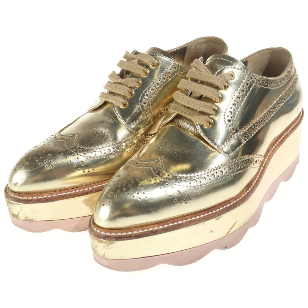 PRADA(プラダ) ウィングチップ メダリオン メタリックレザー 厚底 シューズ ゴールド レディース