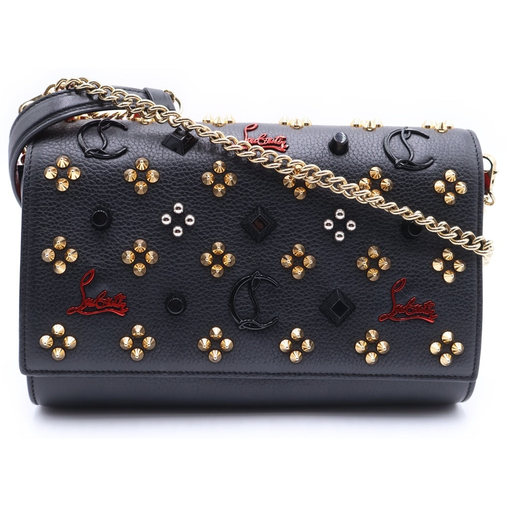 CHRISTIAN LOUBOUTIN(クリスチャンルブタン) パロマ スタッズ チェーンウォレット ショルダーバッグ ブラック×レッド レザー ゴールド金具