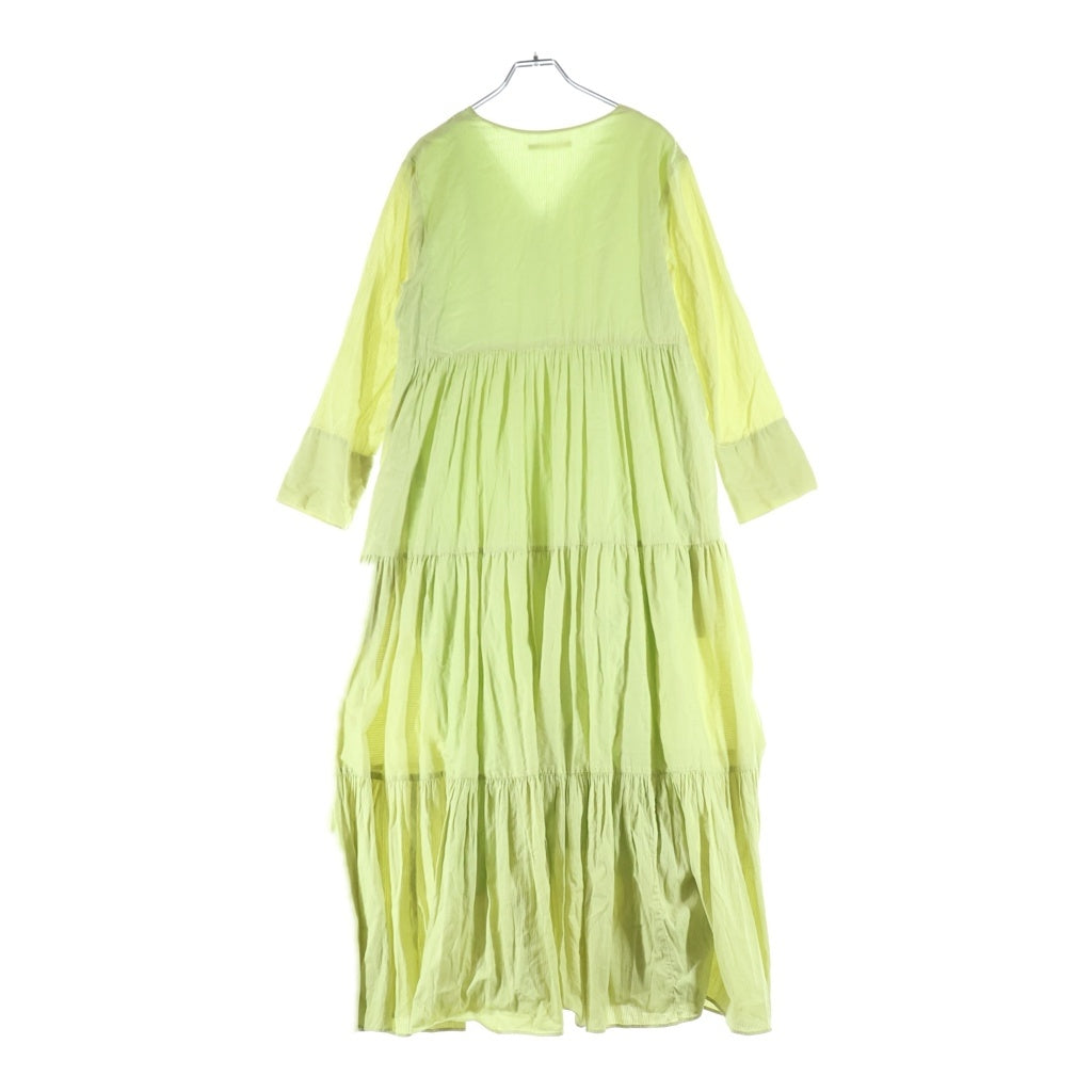 NO BRAND(ノーブランド) Vネック長袖ロングワンピース イエローグリーン レディース