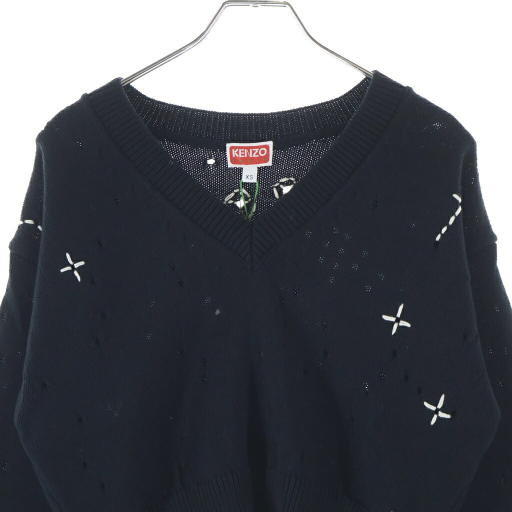 KENZO(ケンゾー) クロップド丈刺繍デザイン Vネックニット セーター ブラック 116674