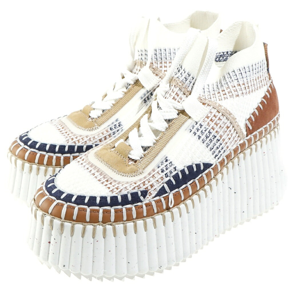 Chloe(クロエ) Nama スエード ファブリック 厚底ソックススニーカー ホワイト×ブラウン 0224255