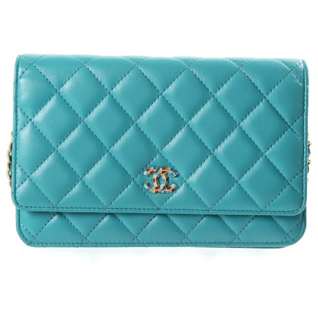 CHANEL(シャネル) マトラッセ チェーンウォレット ショルダーバッグ ターコイズブルー ラムスキン A33814 ゴールド金具