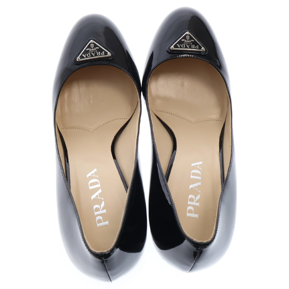 PRADA(プラダ) ロゴプレート パンプス ブラック ヒール パテントレザー 38 シューズ レディース