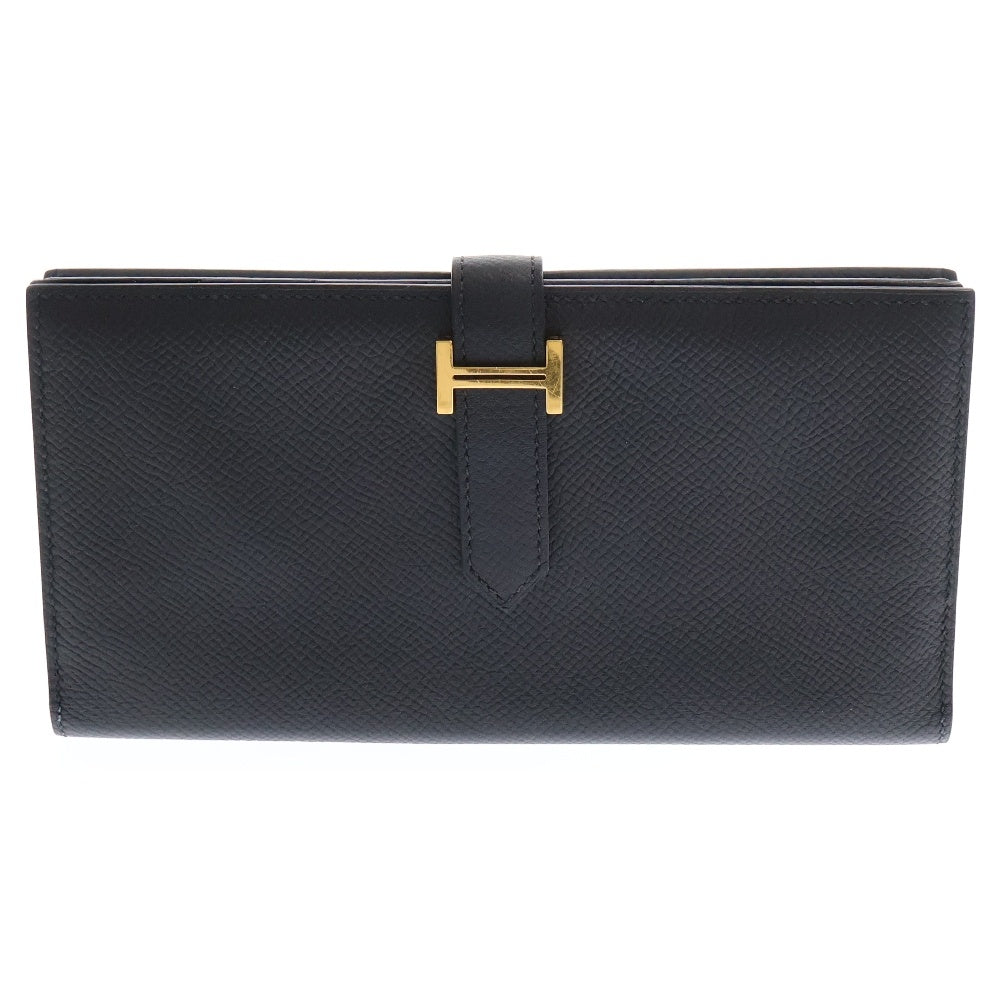 HERMES(エルメス) ベアンスフレ レザーロングウォレット 二つ折り財布 長財布 ゴールド金具 Y刻印 ブラック