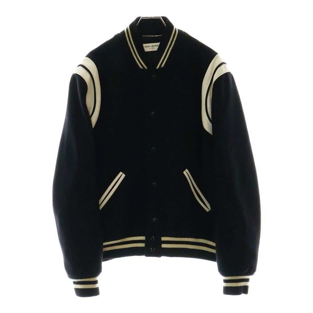 SAINT LAURENT PARIS(サンローランパリ) TEDDY JACKET テディジャケット レザートリムウールスタジアムジャンパー ブラック×ホワイト 354718 Y180W