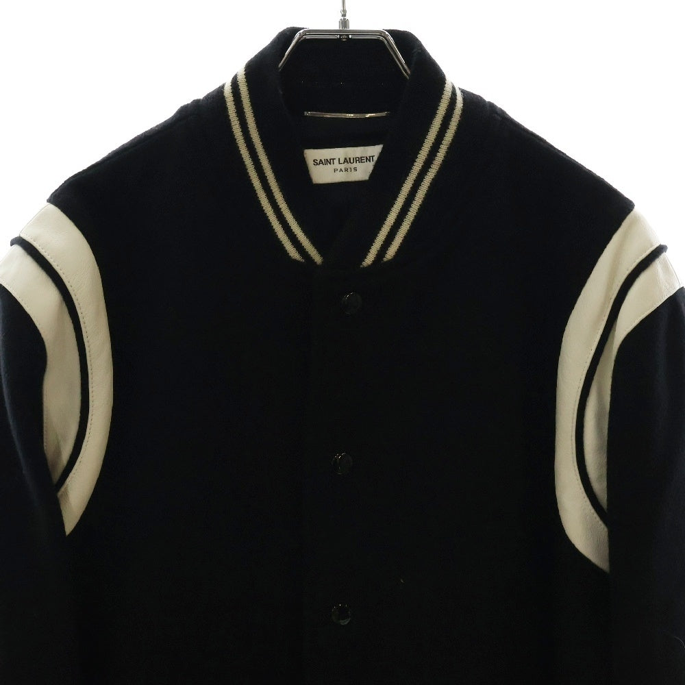 SAINT LAURENT PARIS(サンローランパリ) TEDDY JACKET テディジャケット レザートリムウールスタジアムジャンパー ブラック×ホワイト 354718 Y180W