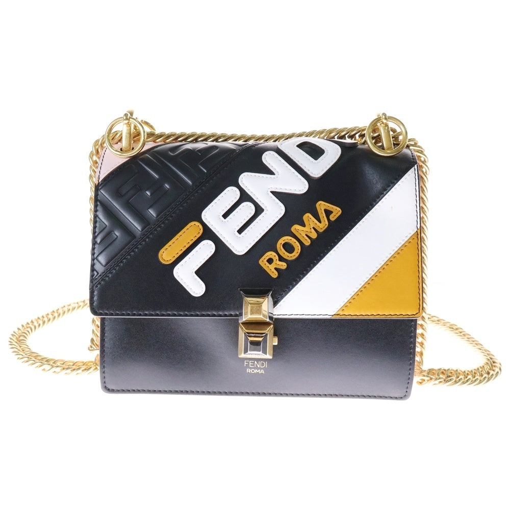 FENDI(フェンディ) ×FILA フィラ キャナイ ロゴ レザーミニチェーンショルダーバッグ ブラック×ピンク
