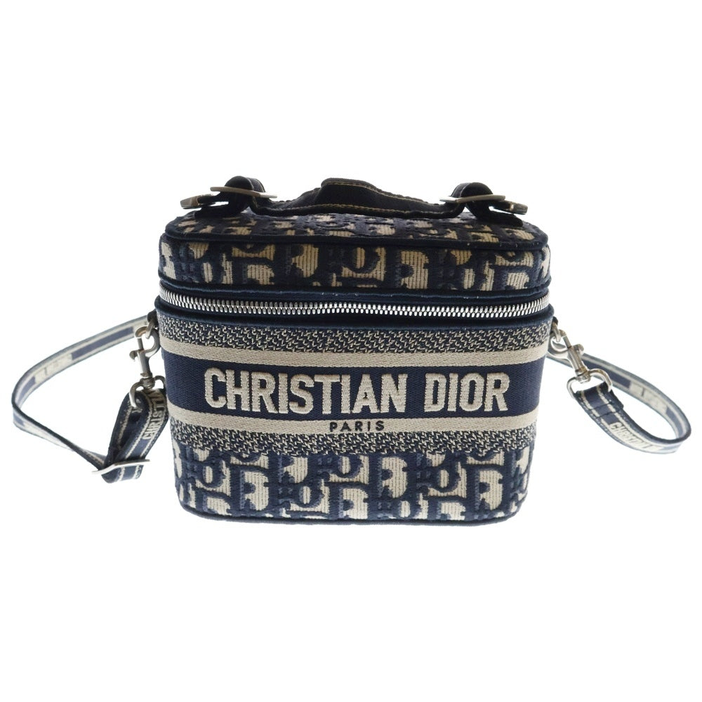 Christian Dior(クリスチャンディオール) オブリーク ヴァニティ 2WAYバッグ ポーチ ハンドバッグ ショルダーバッグ ベージュ×ネイビー シルバー金具 キャンバス