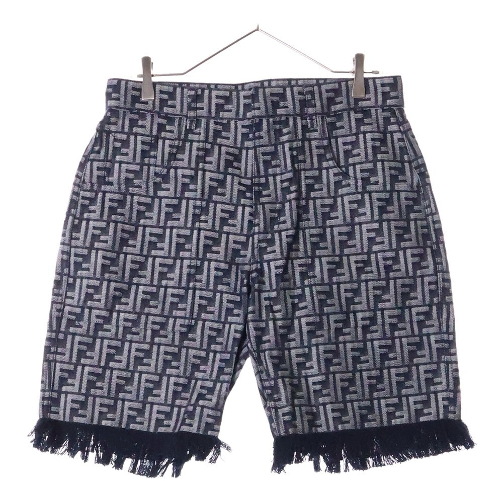 FENDI(フェンディ) エンブロイダリー FFロゴ フリンジ付 デニム バミューダパンツ ショートパンツ ネイビー FLP307 AMZ3