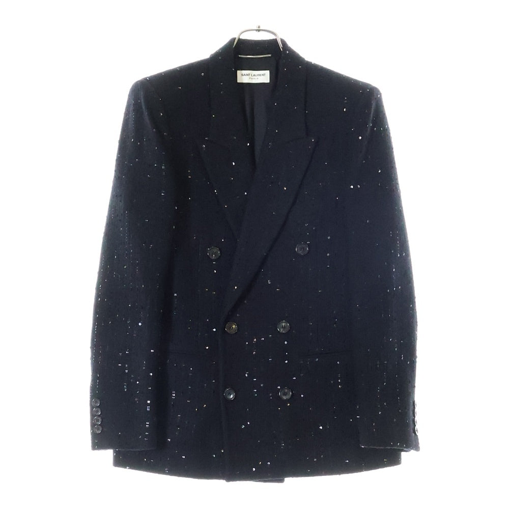 SAINT LAURENT PARIS(サンローランパリ) 22AW スパンコール ウール 裏地シルク ダブルブレストピークドラペル テーラードジャケット ブラック 706605 Y1F04