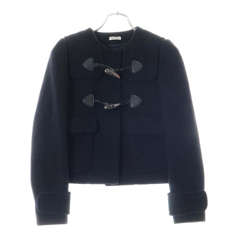 miumiu(ミュウミュウ) ノーカラー ウール レザー トグルボタン ショート クロップド ダッフルコート ジャケット ブラック レディース MH1229