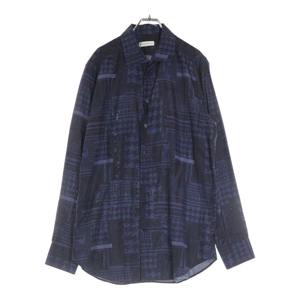 ETRO(エトロ) ガンクラブチェック 千鳥 総柄プリント シルク ロングスリーブ 長袖シャツ ネイビー 192-11451-5736