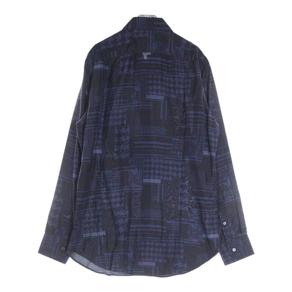 ETRO(エトロ) ガンクラブチェック 千鳥 総柄プリント シルク ロングスリーブ 長袖シャツ ネイビー 192-11451-5736