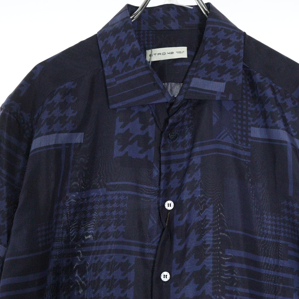 ETRO(エトロ) ガンクラブチェック 千鳥 総柄プリント シルク ロングスリーブ 長袖シャツ ネイビー 192-11451-5736