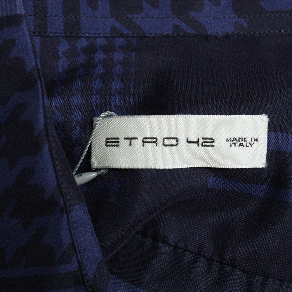 ETRO(エトロ) ガンクラブチェック 千鳥 総柄プリント シルク ロングスリーブ 長袖シャツ ネイビー 192-11451-5736