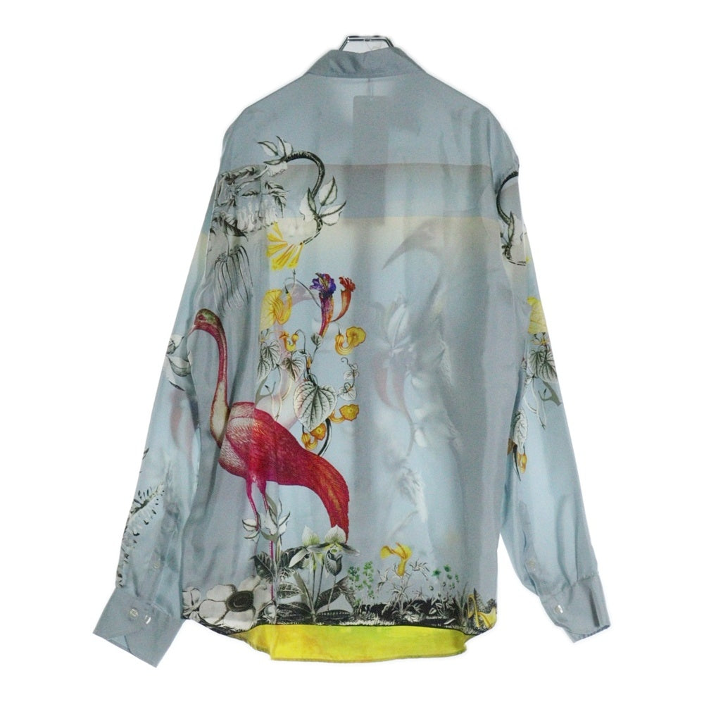 ETRO(エトロ) バード フラワー 鳥 花 プリント 総柄 シルク 比翼ボタン ロングスリーブ 長袖シャツ ライトブルー 212-1K819-5759