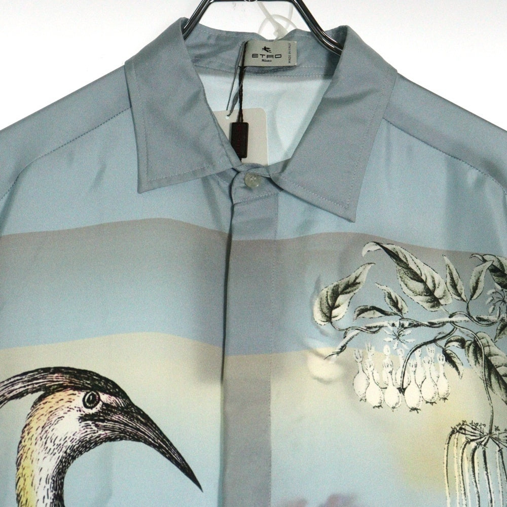 ETRO(エトロ) バード フラワー 鳥 花 プリント 総柄 シルク 比翼ボタン ロングスリーブ 長袖シャツ ライトブルー 212-1K819-5759