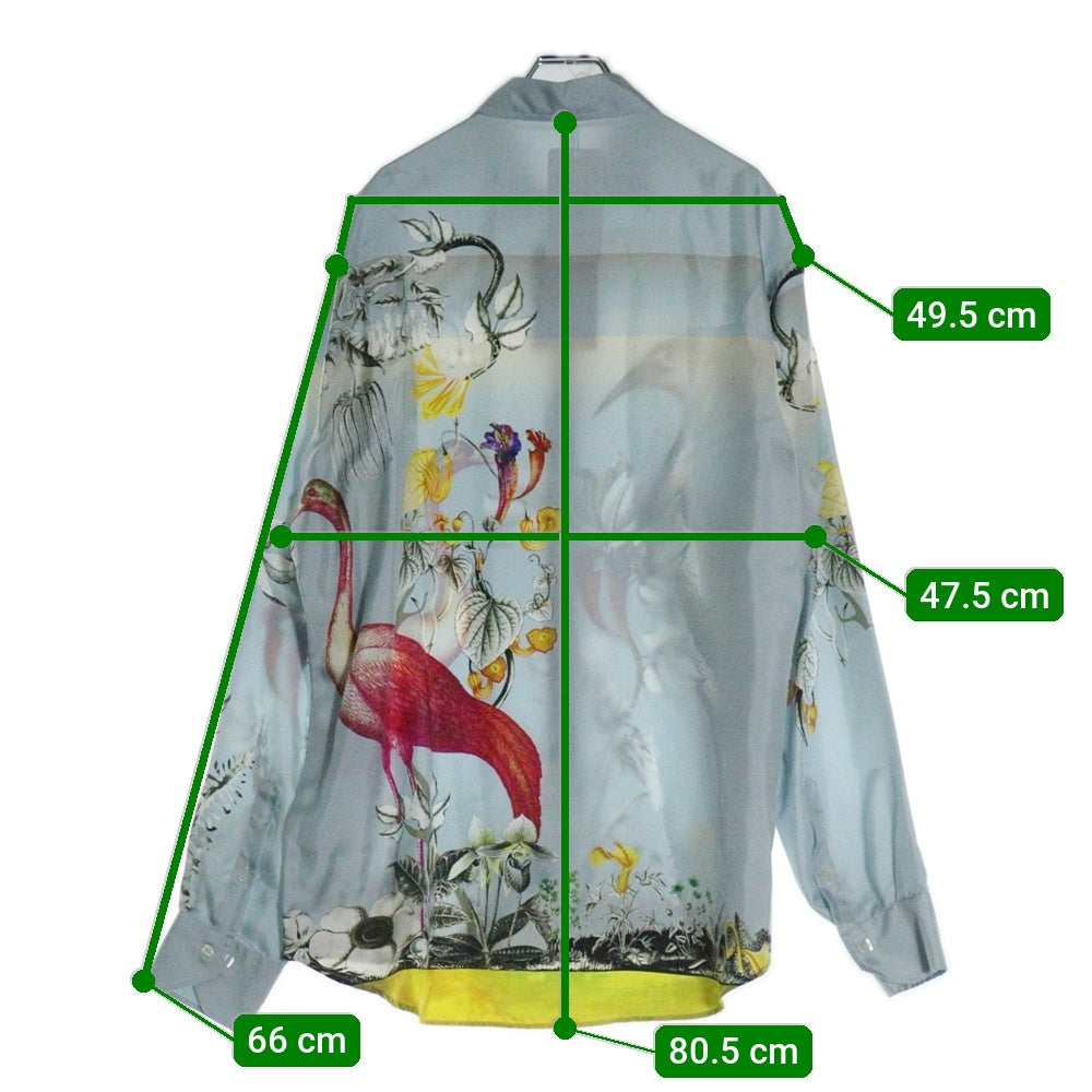ETRO(エトロ) バード フラワー 鳥 花 プリント 総柄 シルク 比翼ボタン ロングスリーブ 長袖シャツ ライトブルー 212-1K819-5759