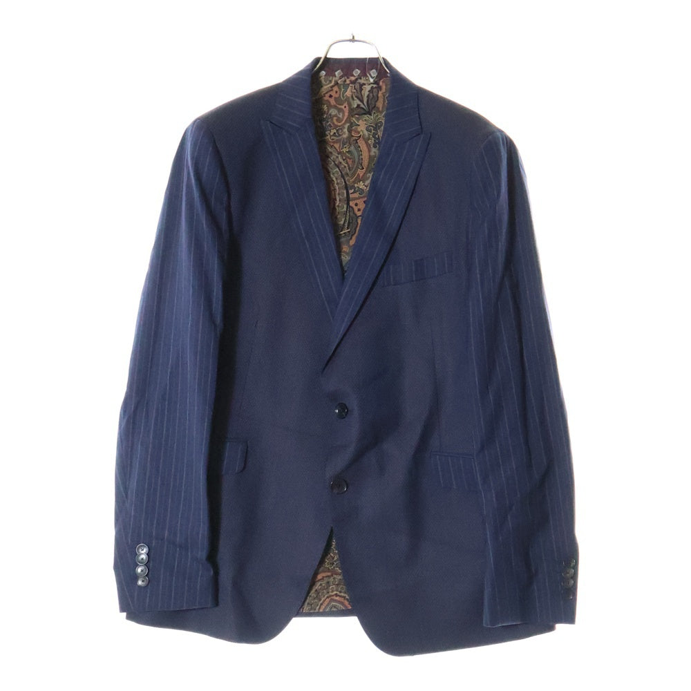 ETRO(エトロ) 3ピース セットアップスーツ ストライプ 総柄 異素材 切り替え ウール 2Bテーラードジャケット ベスト ノータック スラックスパンツ ネイビー 192-1A300-0113
