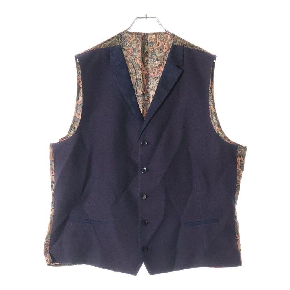 ETRO(エトロ) 3ピース セットアップスーツ ストライプ 総柄 異素材 切り替え ウール 2Bテーラードジャケット ベスト ノータック スラックスパンツ ネイビー 192-1A300-0113