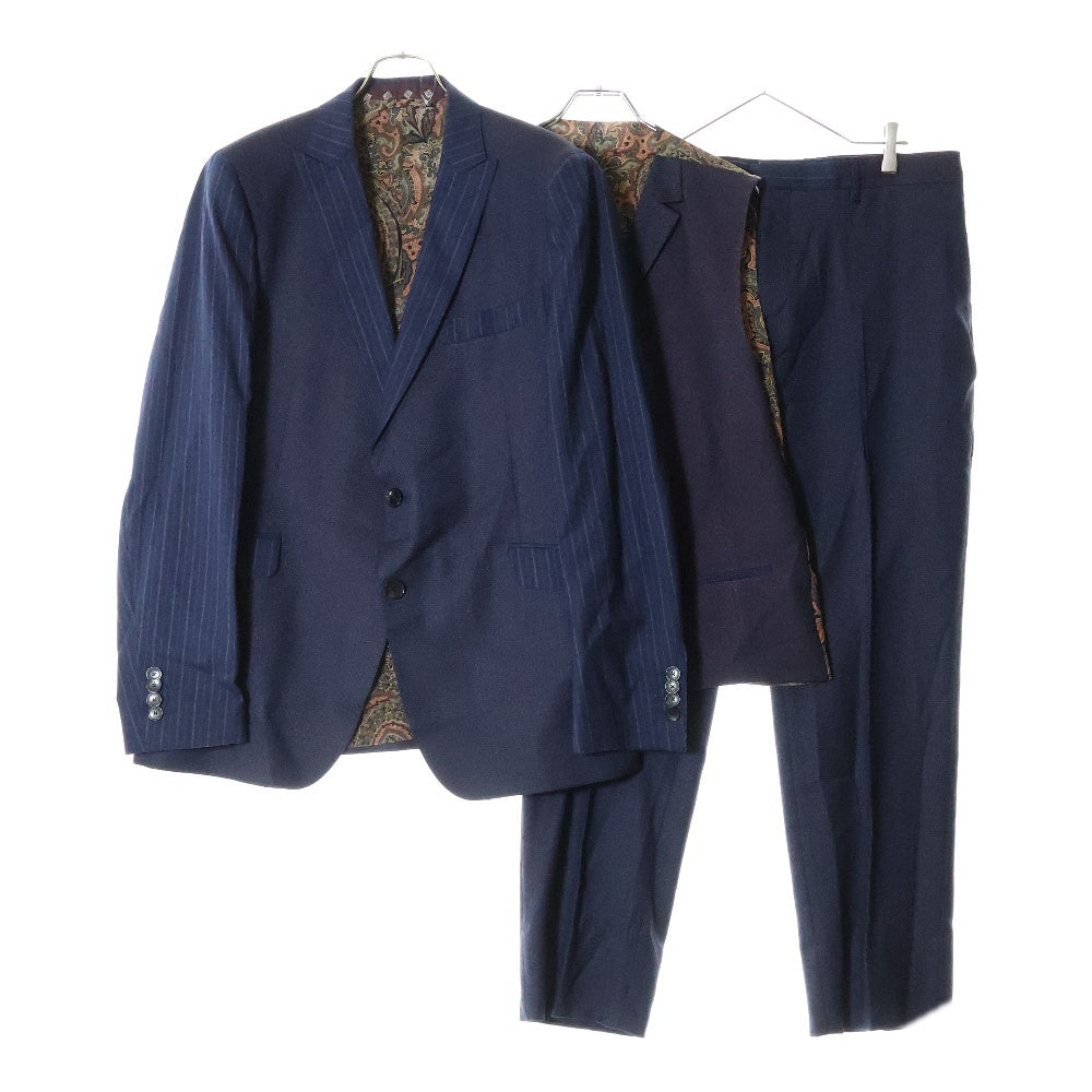 ETRO(エトロ) 3ピース セットアップスーツ ストライプ 総柄 異素材 切り替え ウール 2Bテーラードジャケット ベスト ノータック スラックスパンツ ネイビー 192-1A300-0113