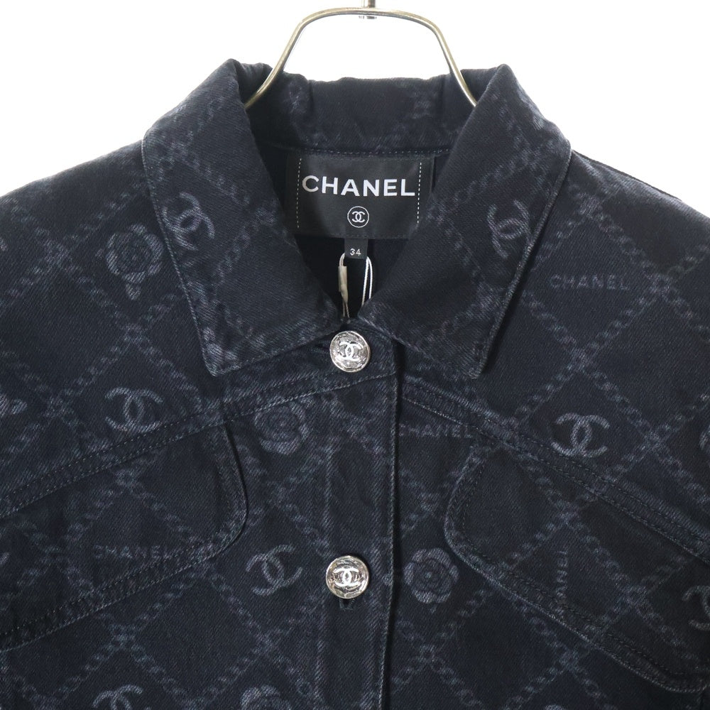 CHANEL(シャネル) メティエダールコレクション ココマークボタン カメリア チェーン プリント 総柄 デニムジャケット ブラック レディース P75284V66954