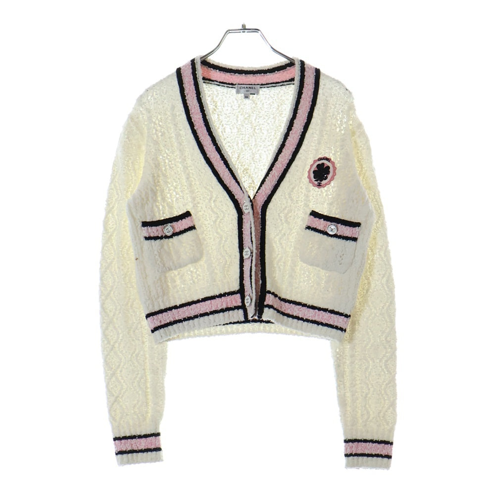 CHANEL(シャネル) ココマークボタン カシミヤ混 コットン ファンシー ニット カーディガン ホワイト/ピンク レディース P76937K11093