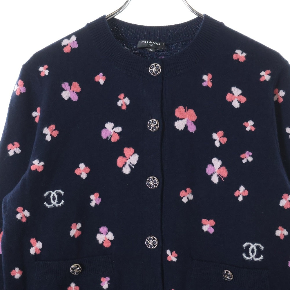 CHANEL(シャネル) ココマークボタン クローバー ジャガード 総柄 ノーカラー カシミヤニット カーディガン ネイビー レディース P76929K11094