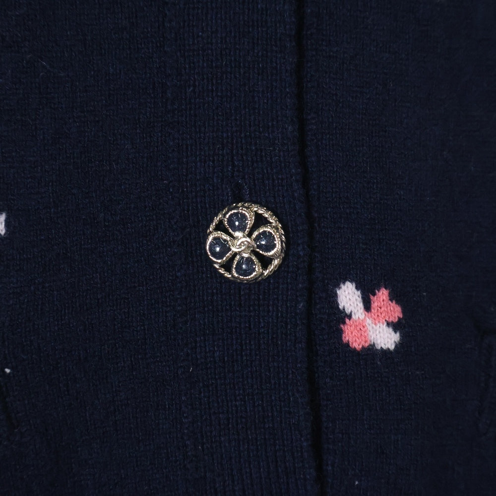 CHANEL(シャネル) ココマークボタン クローバー ジャガード 総柄 ノーカラー カシミヤニット カーディガン ネイビー レディース P76929K11094