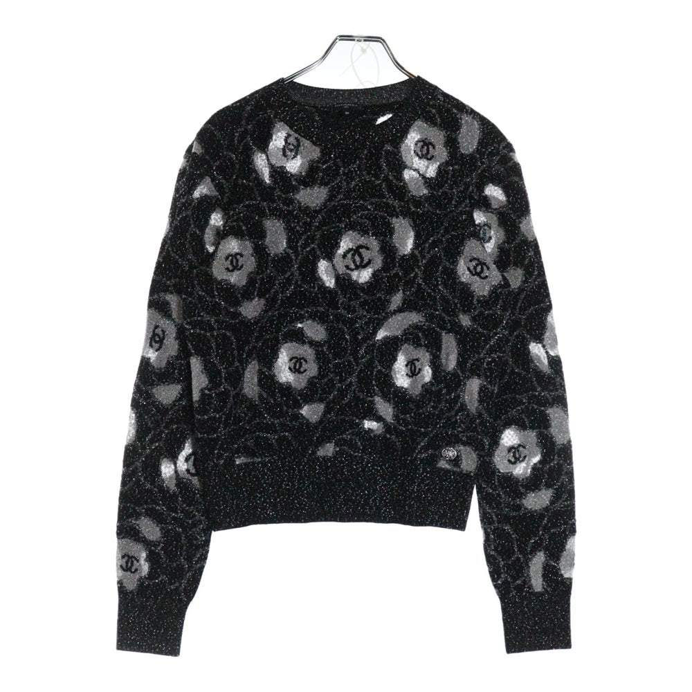 CHANEL(シャネル) ココマーク カメリア 総柄 ラメ ジャガード クルーネック 長袖ニット セーター ブラック/シルバー レディース P76047K10936