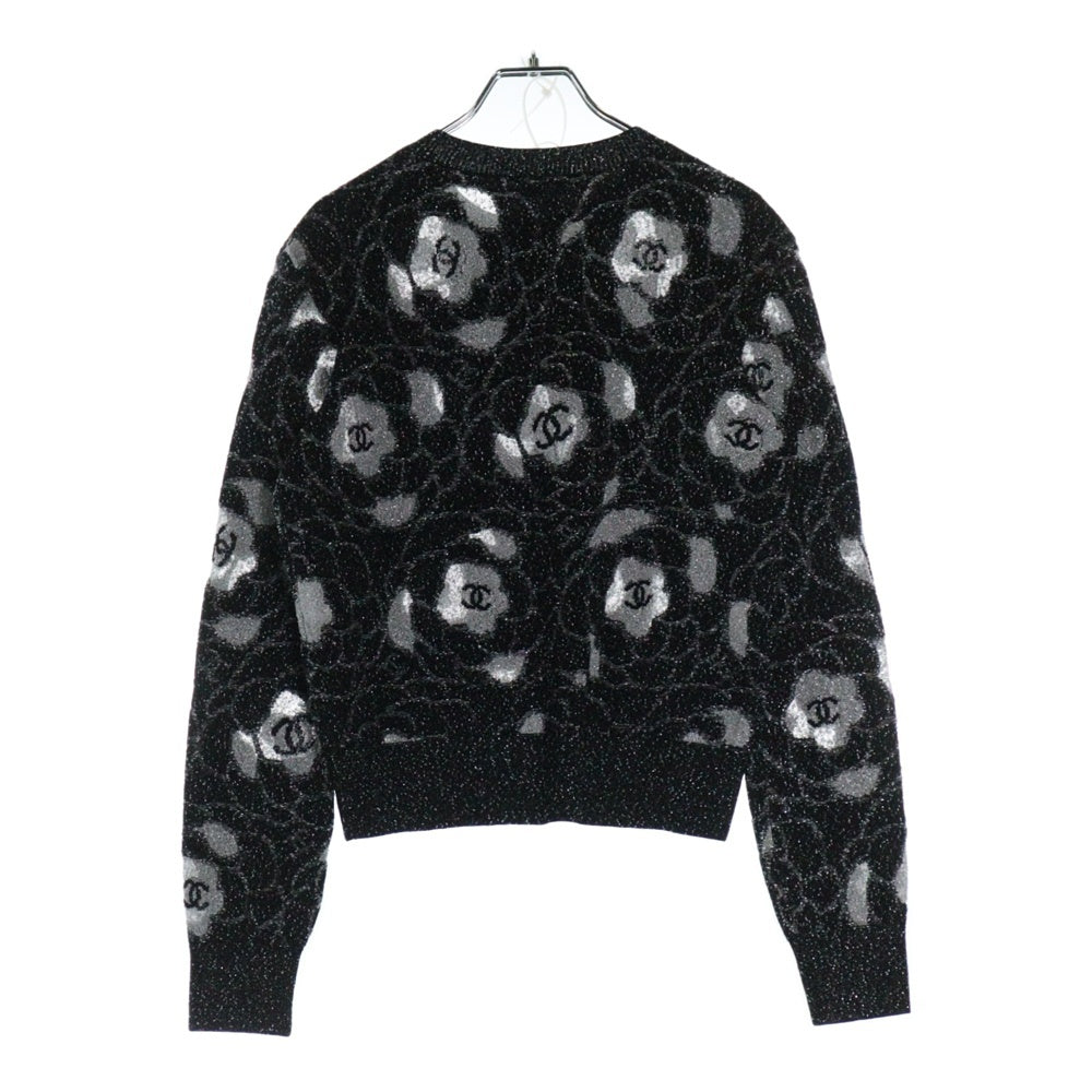 CHANEL(シャネル) ココマーク カメリア 総柄 ラメ ジャガード クルーネック 長袖ニット セーター ブラック/シルバー レディース P76047K10936