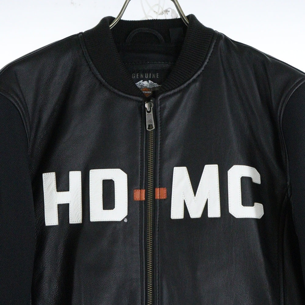 HARLEY DAVIDSON(ハーレーダビッドソン) HD-MC ワッペンロゴ 異素材ミックス ゴートレザー ナイロン ジップアップ ボンバージャケット ブルゾン ブラック 97015-21VM