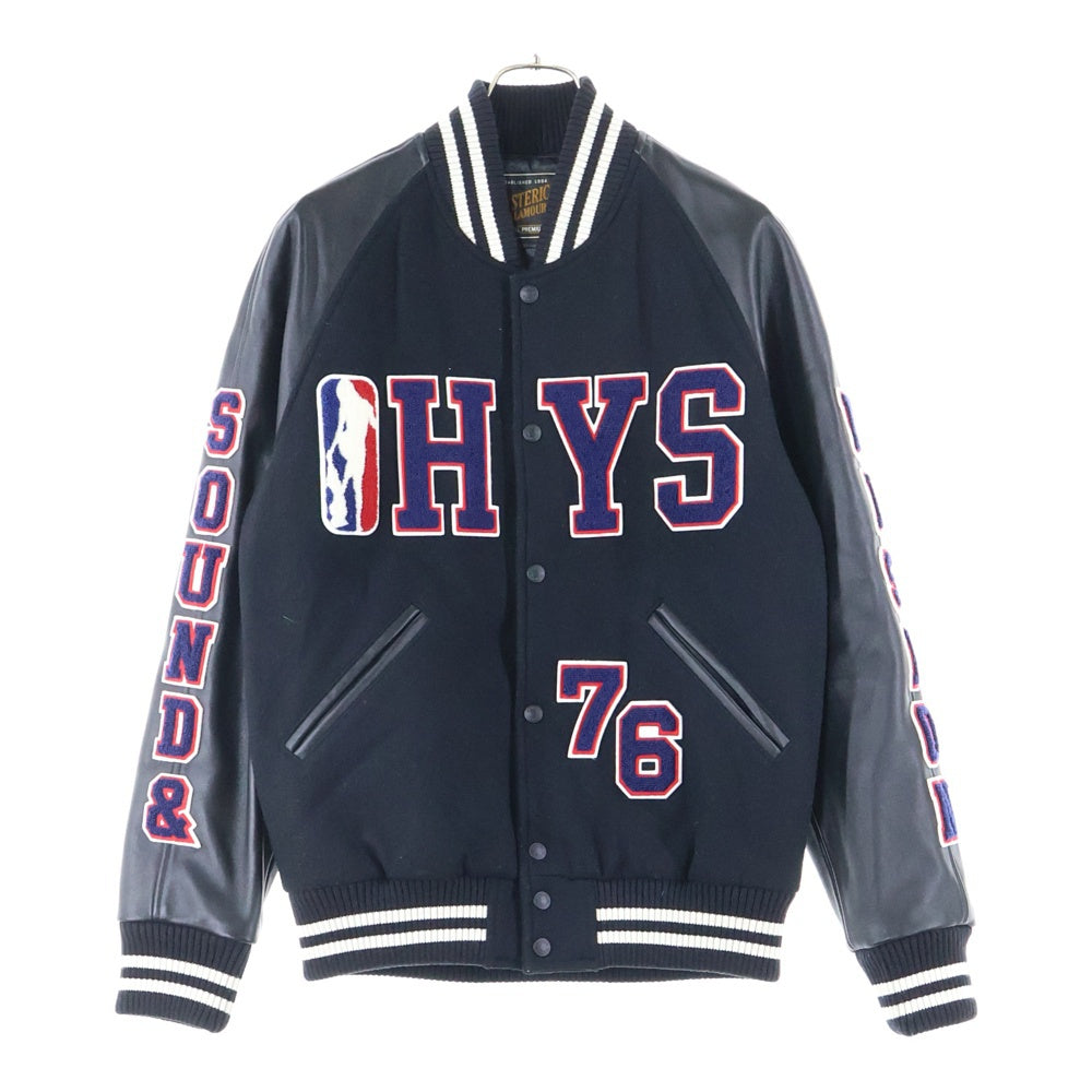 HYSTERIC GLAMOUR(ヒステリックグラマー) HYS SOUND&VISION76 アップリケ ロゴ ワッペン ラムスキン レザー切り替え ウール スナップボタン ジャケット スタジャン ブルゾン ブラック 02203AB11