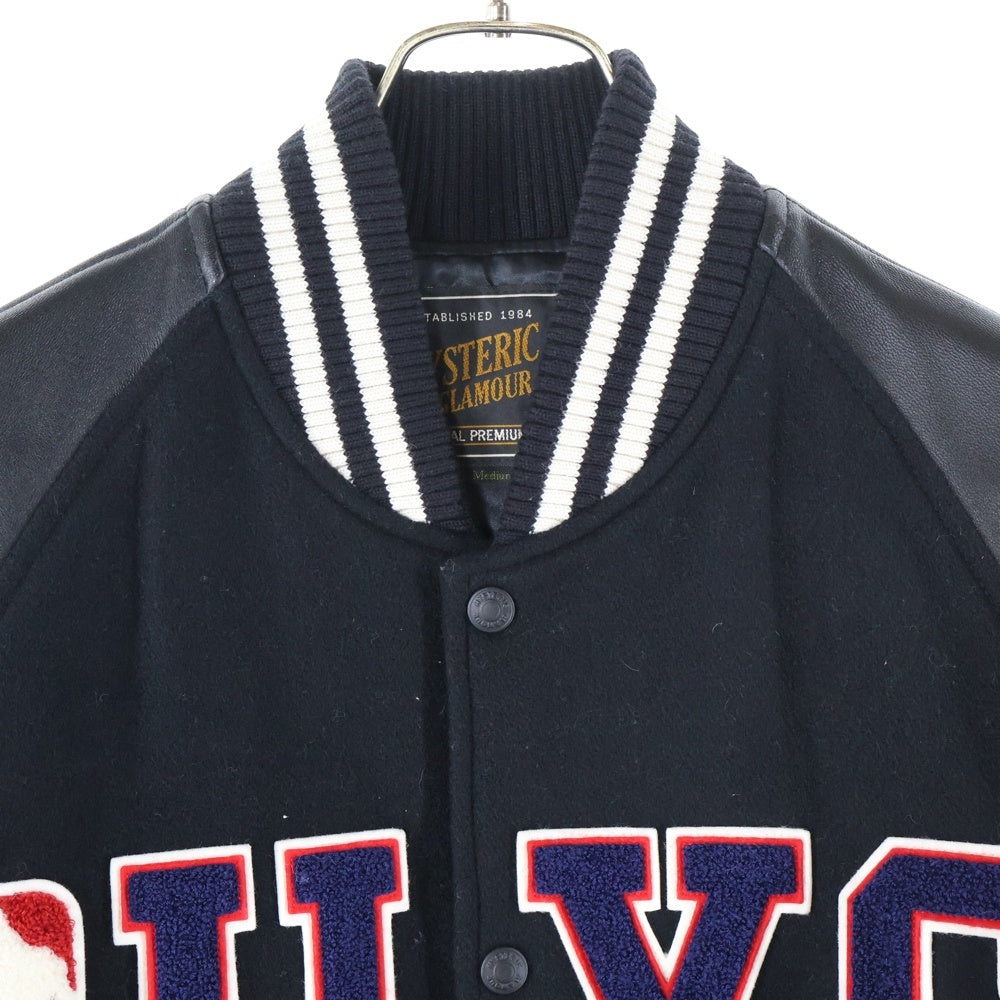 HYSTERIC GLAMOUR(ヒステリックグラマー) HYS SOUND&VISION76 アップリケ ロゴ ワッペン ラムスキン レザー切り替え ウール スナップボタン ジャケット スタジャン ブルゾン ブラック 02203AB11