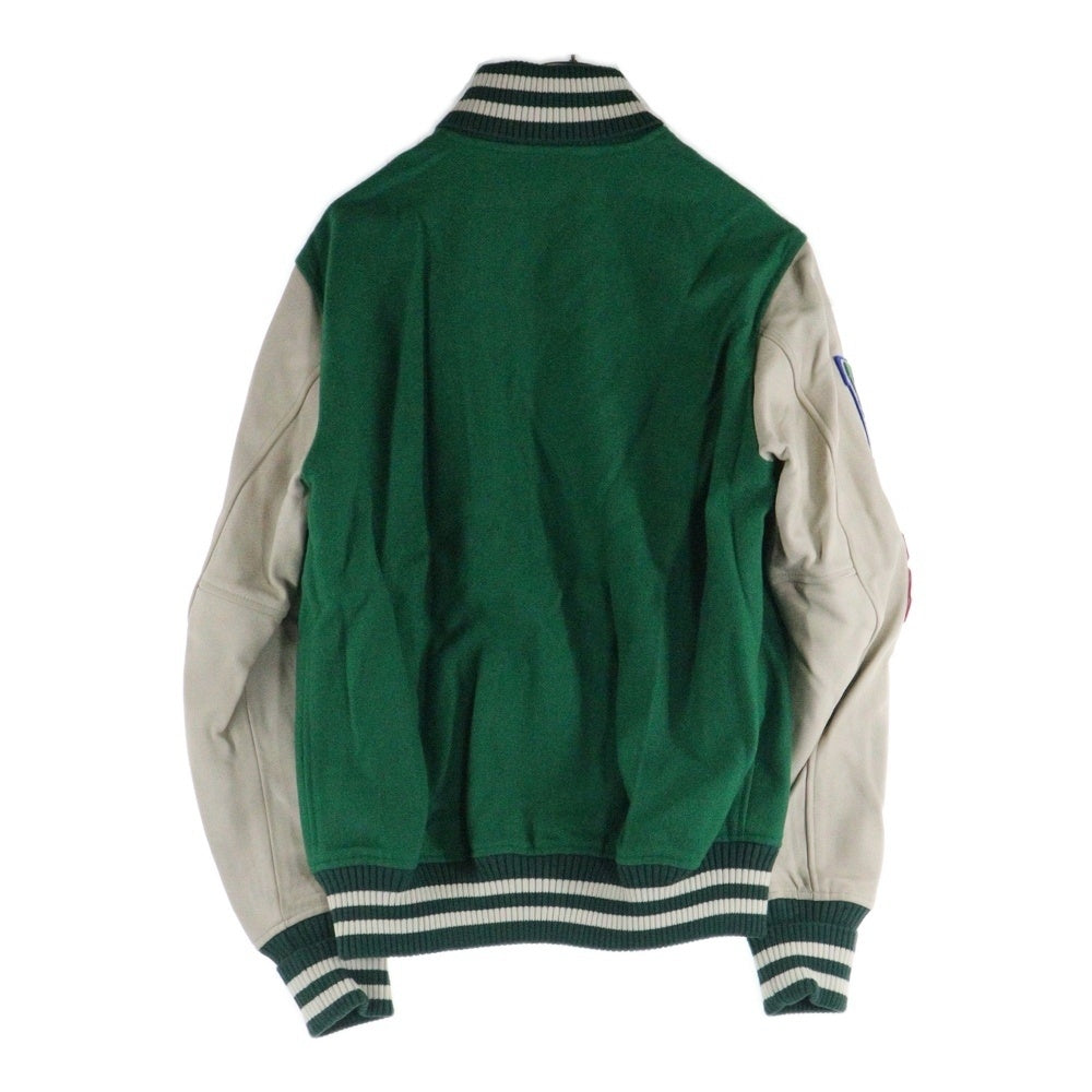 HYSTERIC GLAMOUR(ヒステリックグラマー) HG-OVERLAP-LOGO オーバーラップ ワッペンロゴ レザー切り替え ウール スナップボタン ジャケット スタジャン グリーン 02193AB12