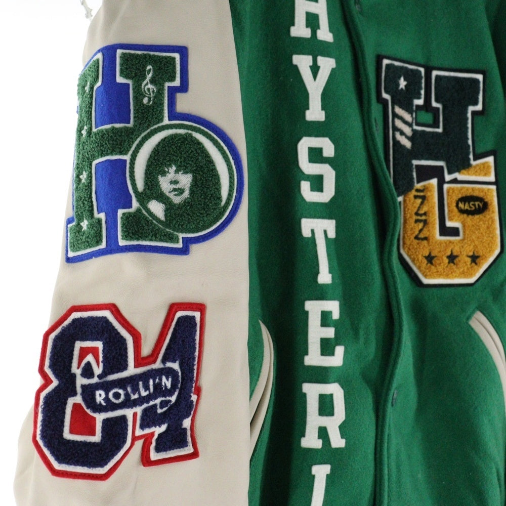 HYSTERIC GLAMOUR(ヒステリックグラマー) HG-OVERLAP-LOGO オーバーラップ ワッペンロゴ レザー切り替え ウール スナップボタン ジャケット スタジャン グリーン 02193AB12