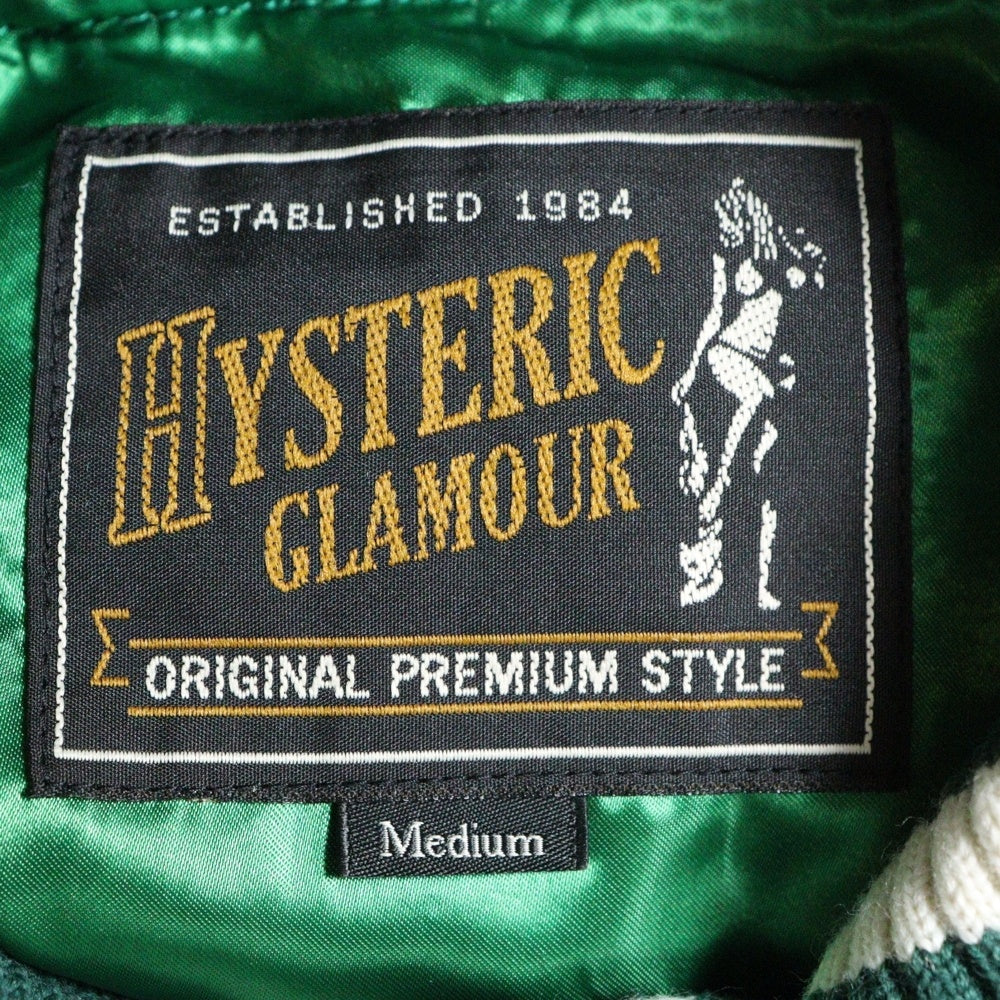 HYSTERIC GLAMOUR(ヒステリックグラマー) HG-OVERLAP-LOGO オーバーラップ ワッペンロゴ レザー切り替え ウール スナップボタン ジャケット スタジャン グリーン 02193AB12