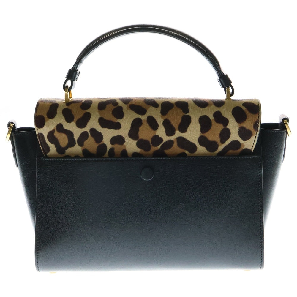 TOD'S(トッズ) Tタイムレス ロゴプレート ハラコ レオパード柄 レザー 2WAY ハンド ショルダーバッグ ゴールド金具 ブラック/ブラウン